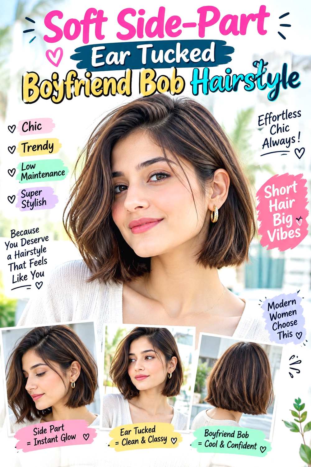 Soft Side-Part Ear Tucked Boyfriend Bob Hairstyle
