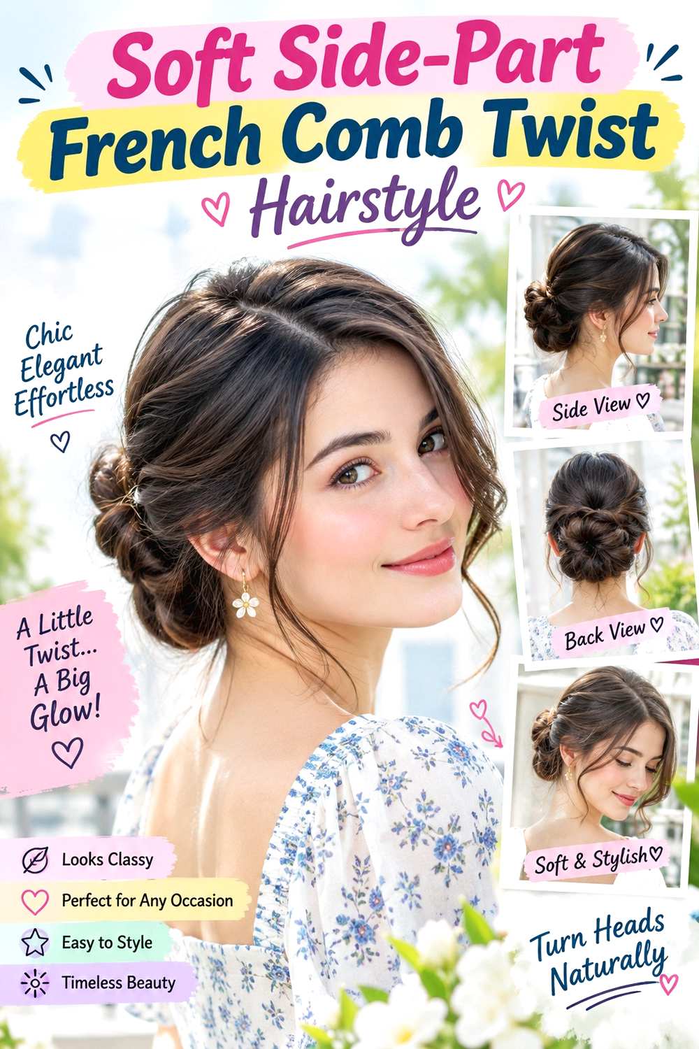 Soft Side-Part French Comb Twist Hairstyle