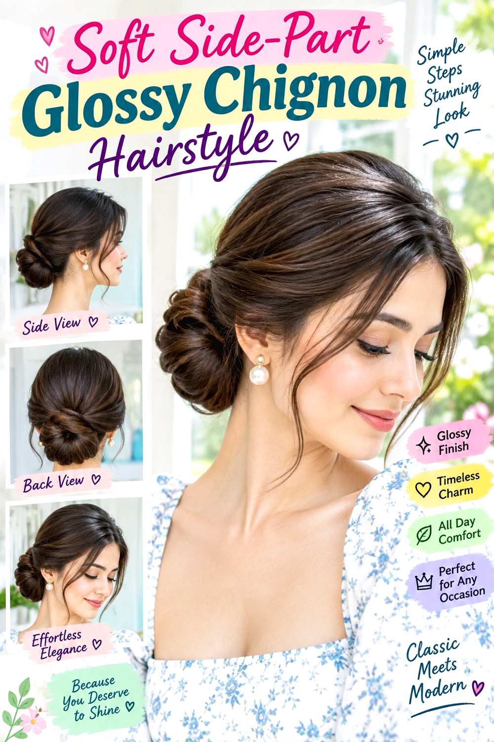 Soft Side-Part Glossy Chignon Hairstyle
