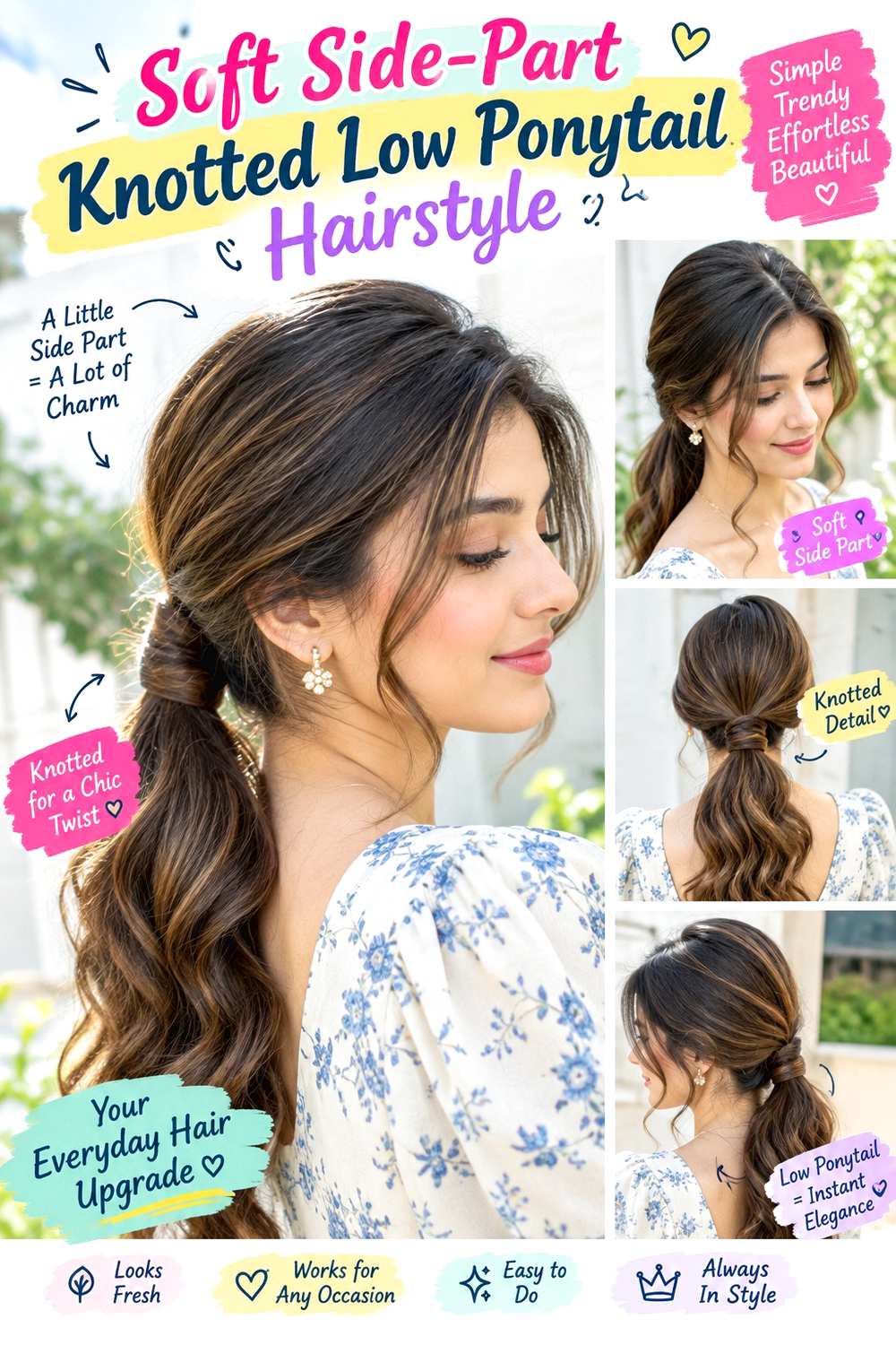 Soft Side-Part Knotted Low Ponytail Hairstyle
