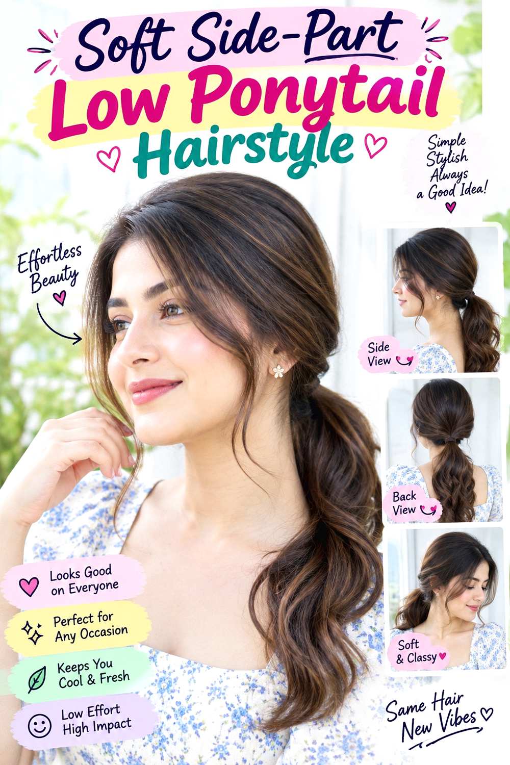 Soft Side-Part Low Ponytail Hairstyle