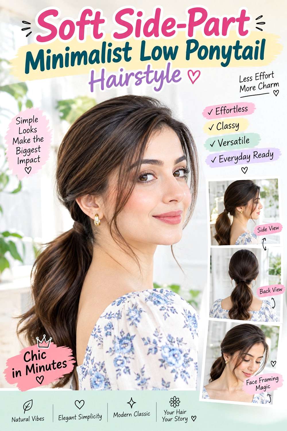 Soft Side-Part Minimalist Low Ponytail Hairstyle