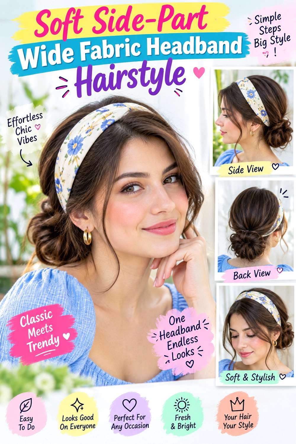 Soft Side-Part Wide Fabric Headband Hairstyle
