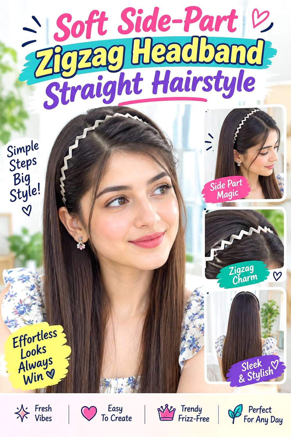 Soft Side-Part Zigzag Headband Straight Hairstyle