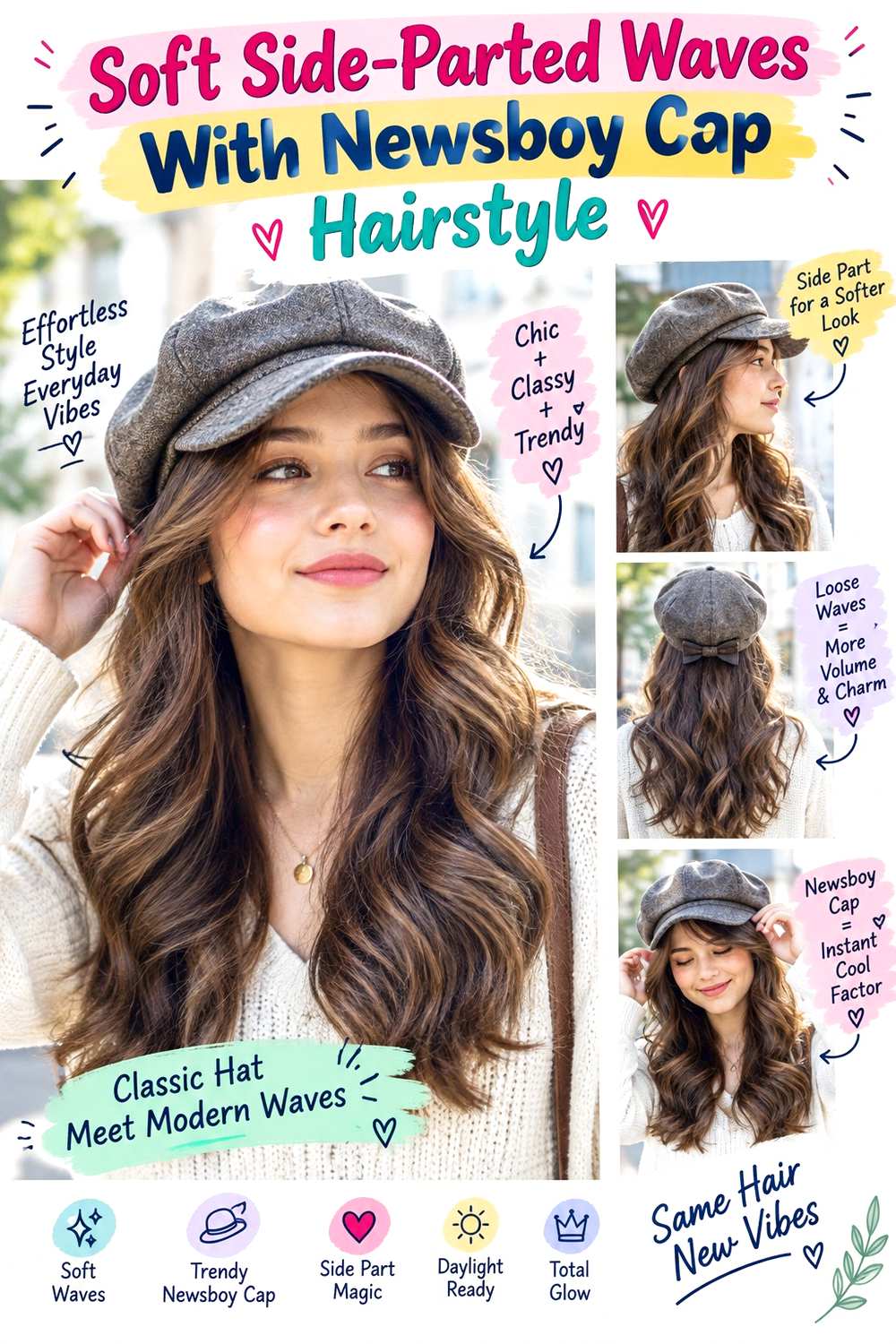 Soft Side-Parted Waves With Newsboy Cap Hairstyle
