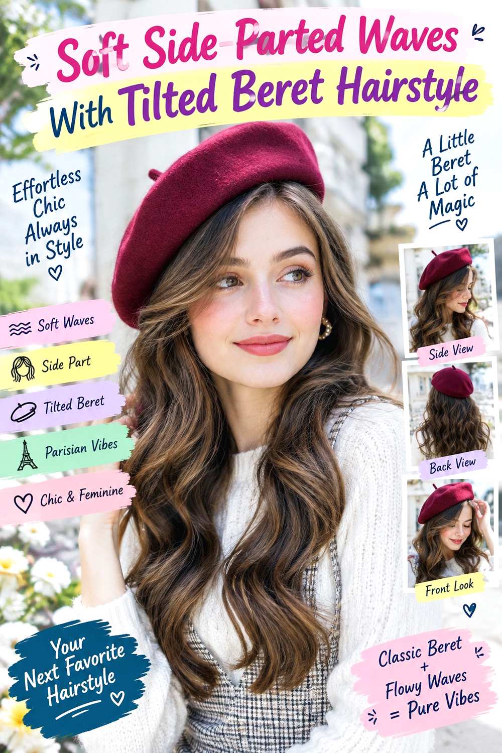 Soft Side-Parted Waves With Tilted Beret Hairstyle