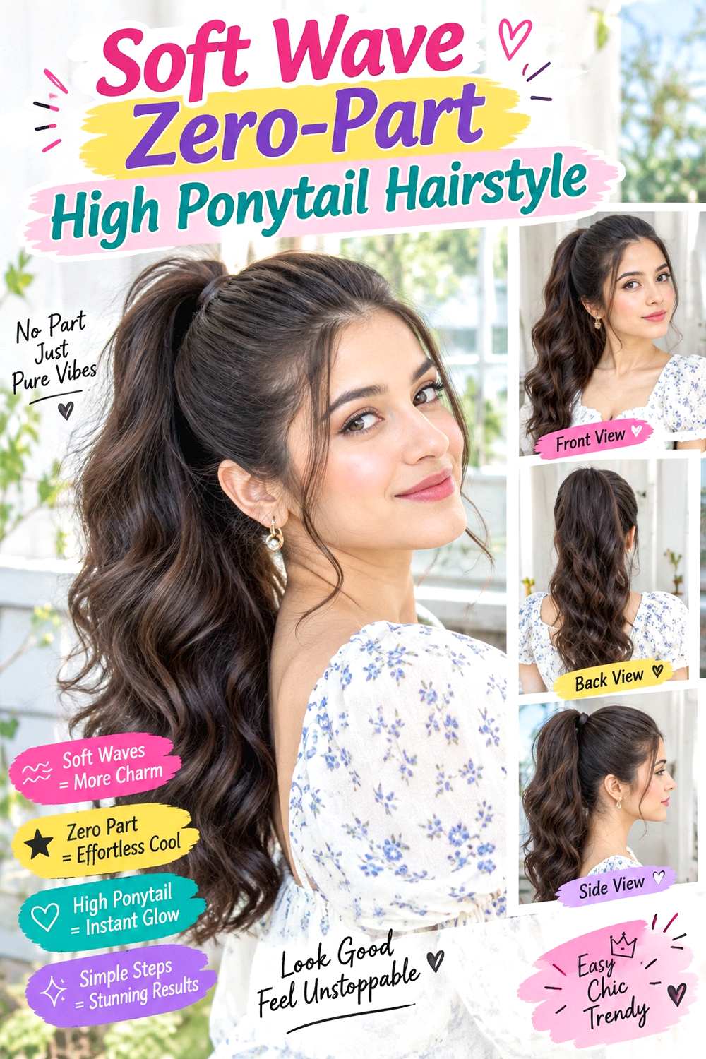 Soft Wave Zero-Part High Ponytail Hairstyle