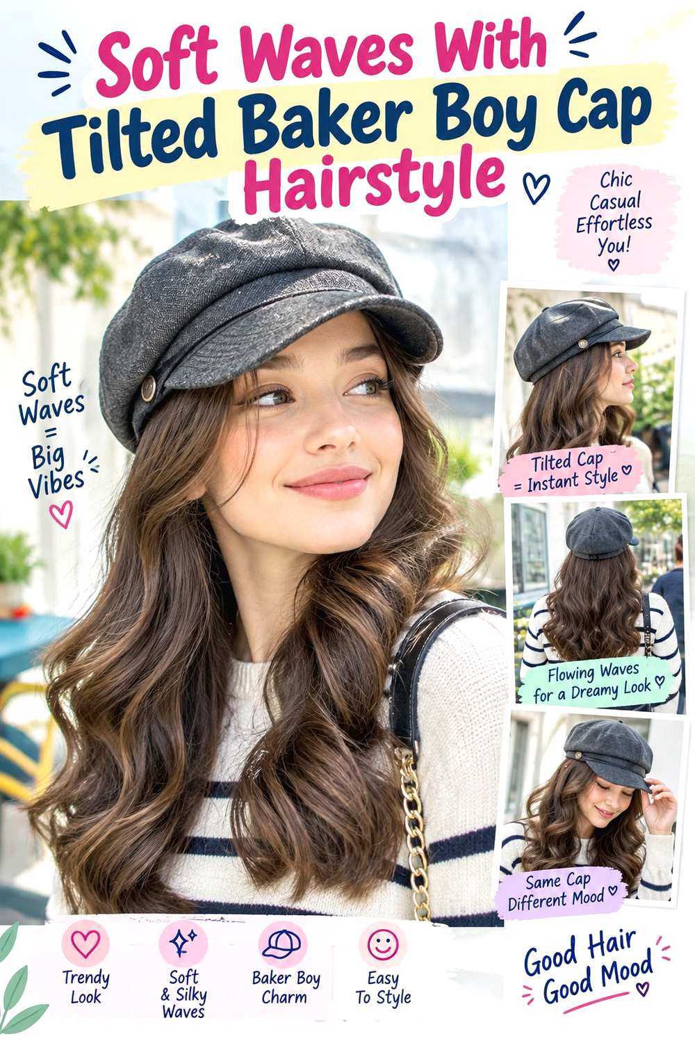 Soft Waves With Tilted Baker Boy Cap Hairstyle