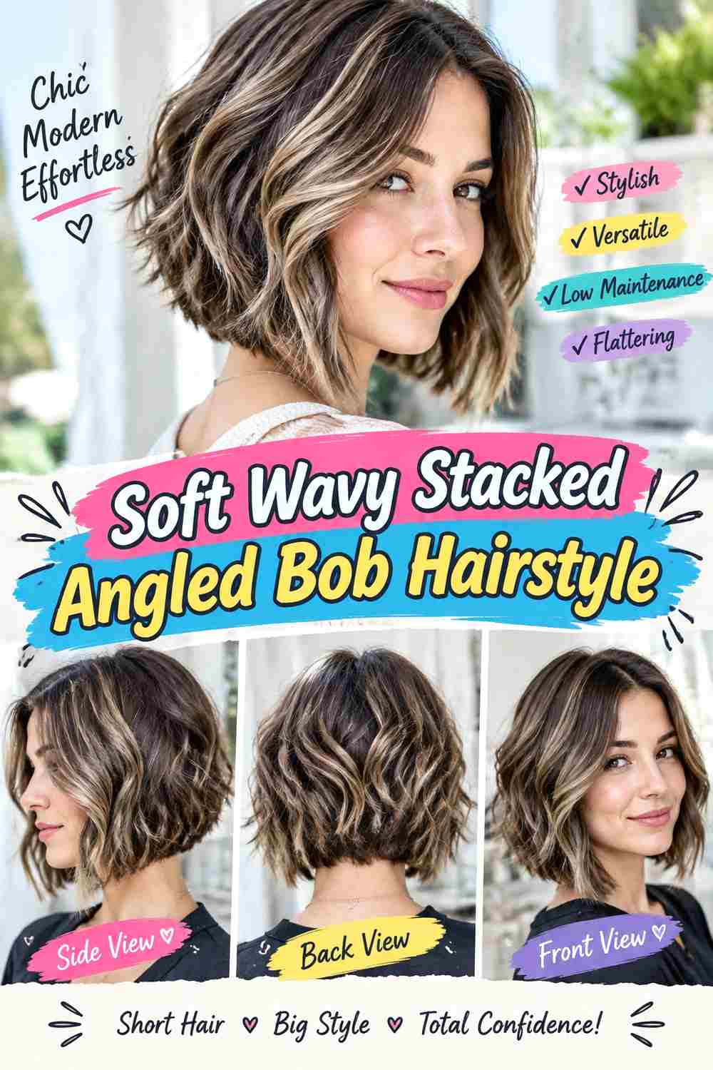 Soft Wavy Stacked Angled Bob Hairstyle