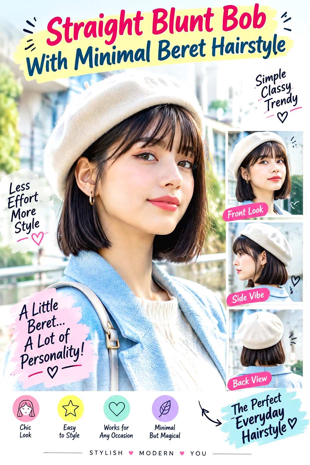 Straight Blunt Bob With Minimal Beret Hairstyle