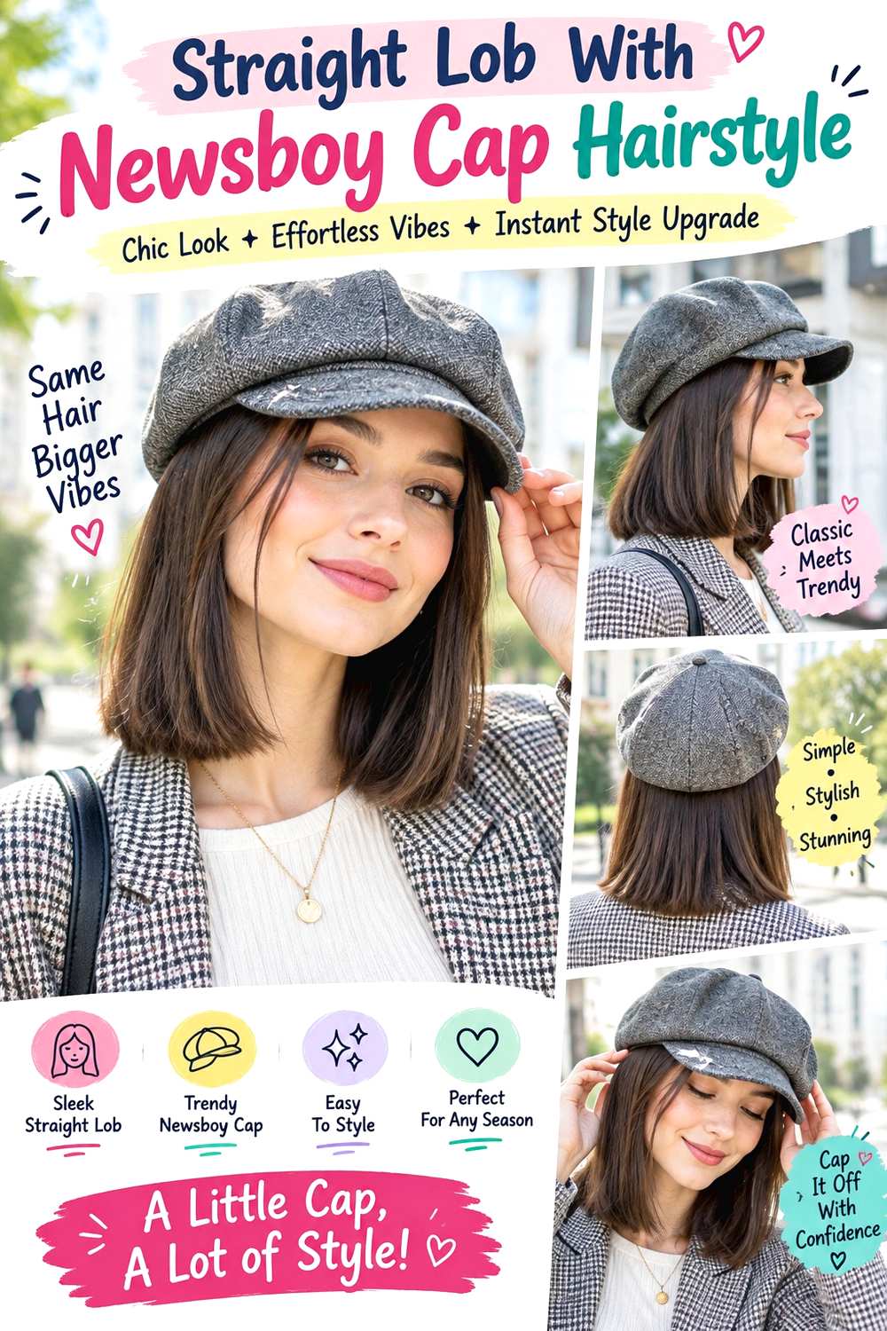 Straight Lob With Newsboy Cap Hairstyle