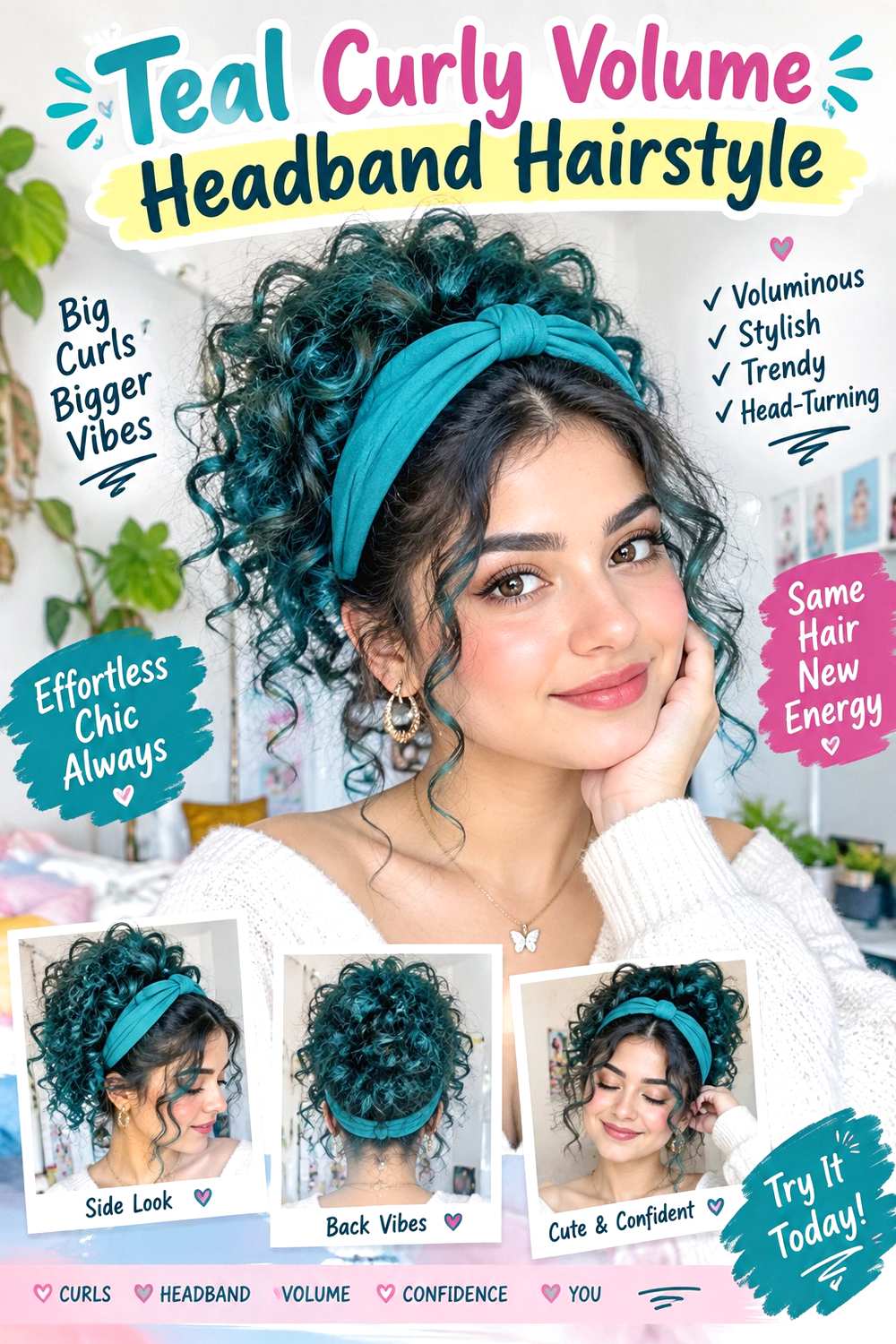 Teal Curly Volume Headband Hairstyle
