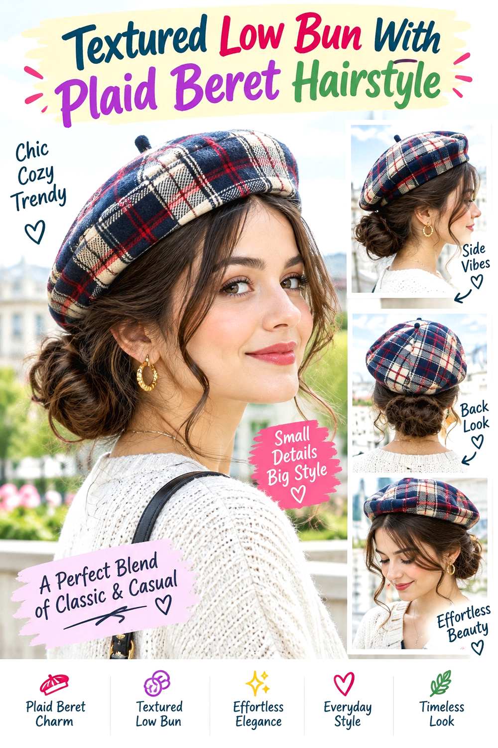 Textured Low Bun With Plaid Beret Hairstyle