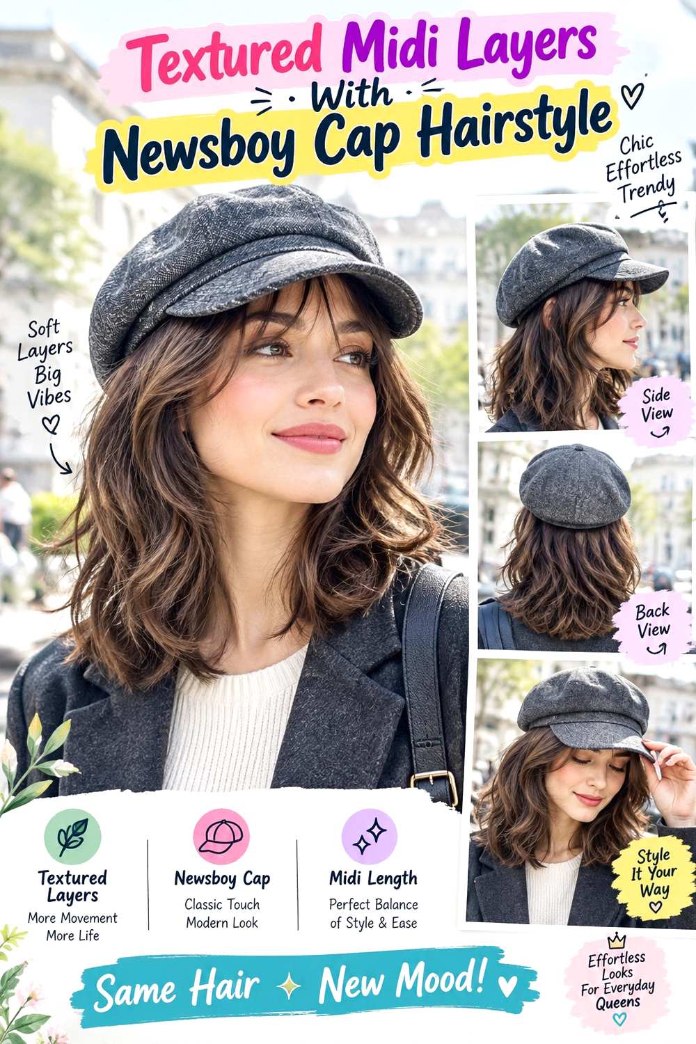Textured Midi Layers With Newsboy Cap Hairstyle