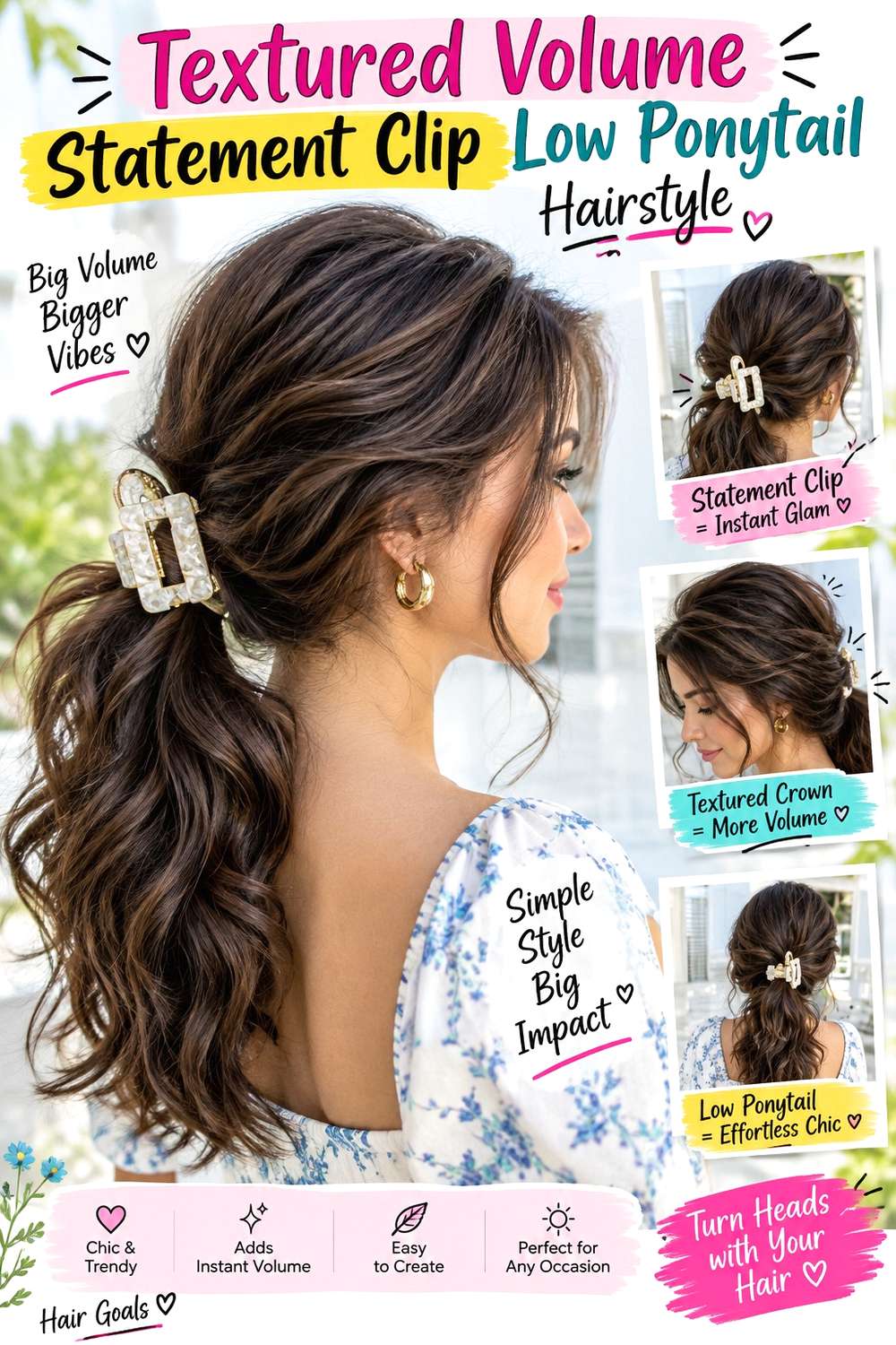 Textured Volume Statement Clip Low Ponytail Hairstyle