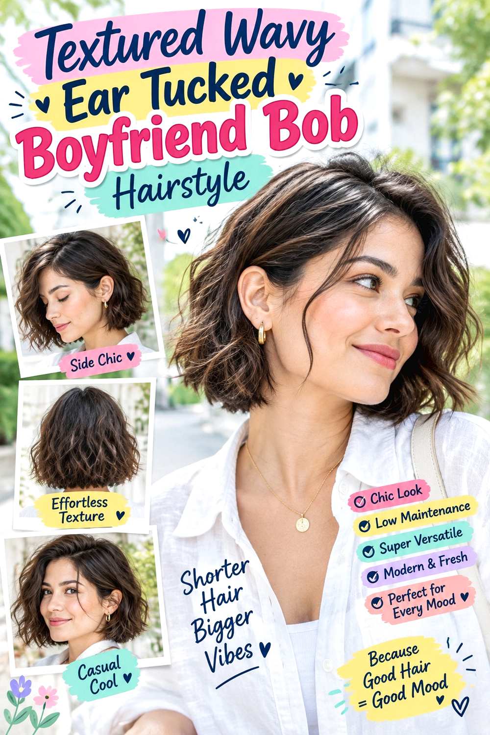 Textured Wavy Ear Tucked Boyfriend Bob Hairstyle