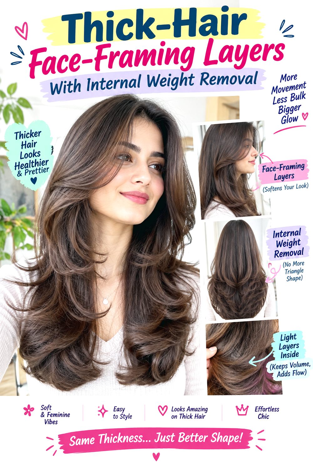 Thick-Hair Face-Framing Layers With Internal Weight Removal Hairstyle