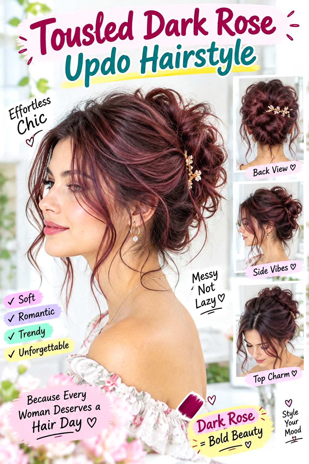 Tousled Dark Rose Updo Hairstyle