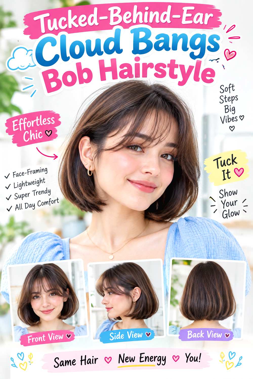 Tucked-Behind-Ear Cloud Bangs Bob Hairstyle