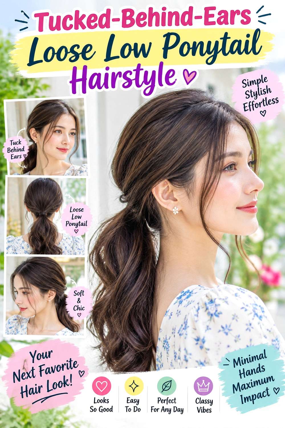 Tucked-Behind-Ears Loose Low Ponytail Hairstyle
