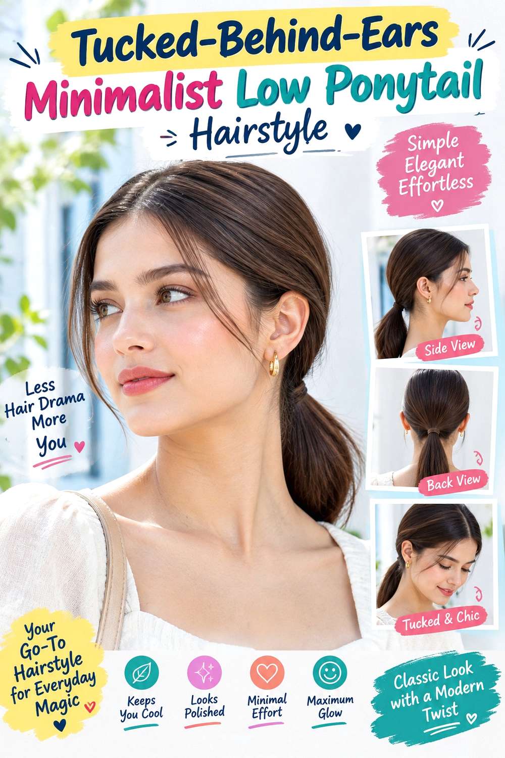 Tucked-Behind-Ears Minimalist Low Ponytail Hairstyle