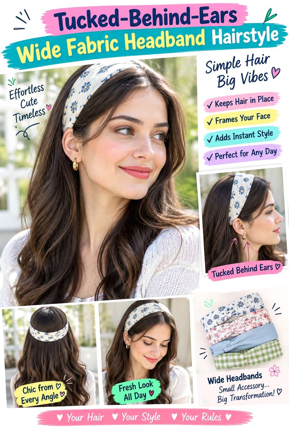 Tucked-Behind-Ears Wide Fabric Headband Hairstyle