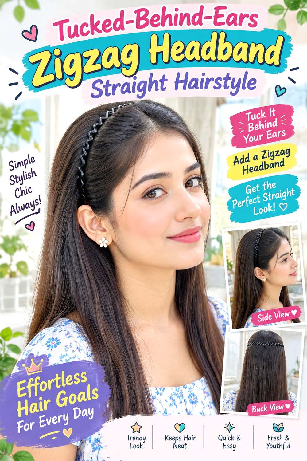 Tucked-Behind-Ears Zigzag Headband Straight Hairstyle