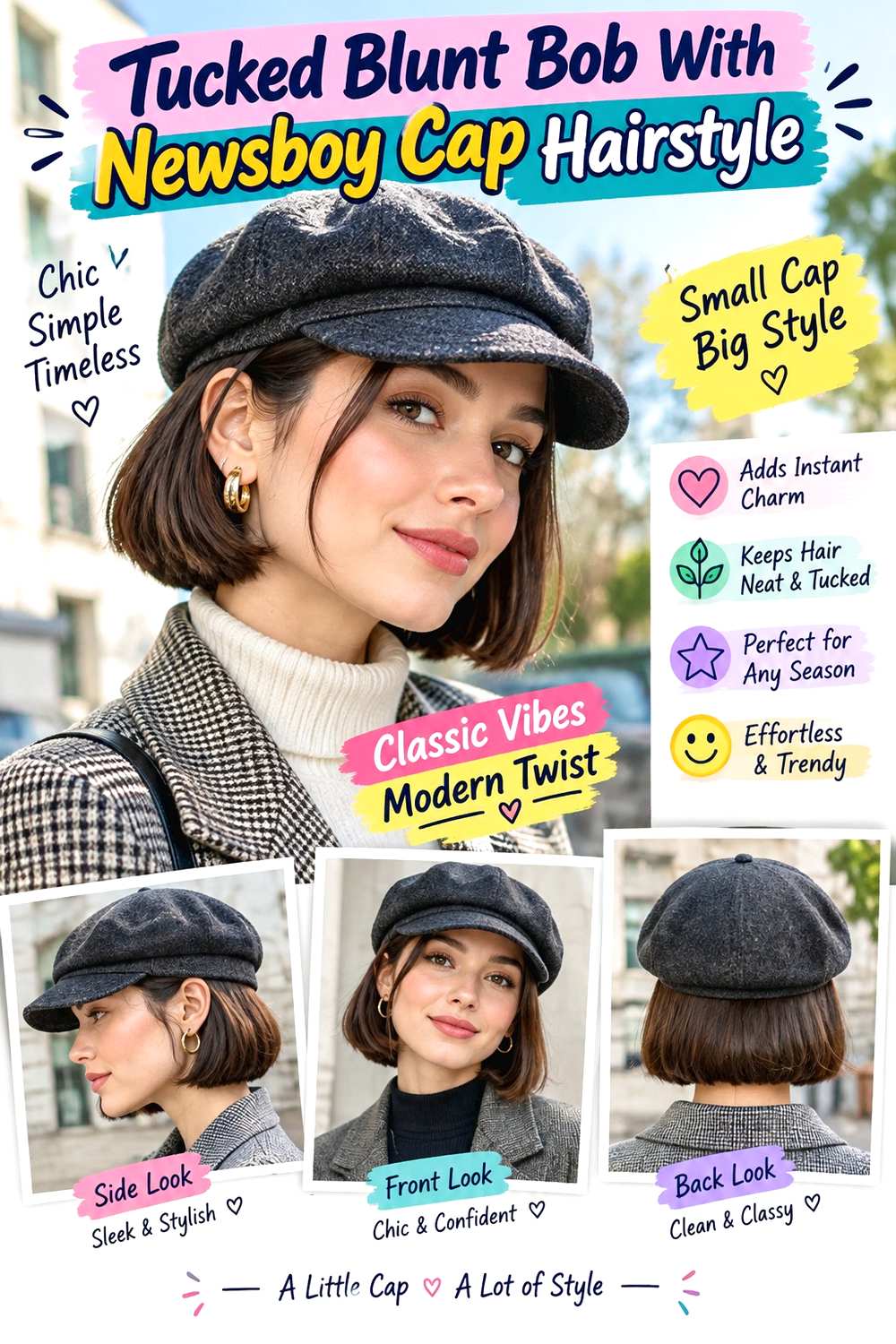 Tucked Blunt Bob With Newsboy Cap Hairstyle