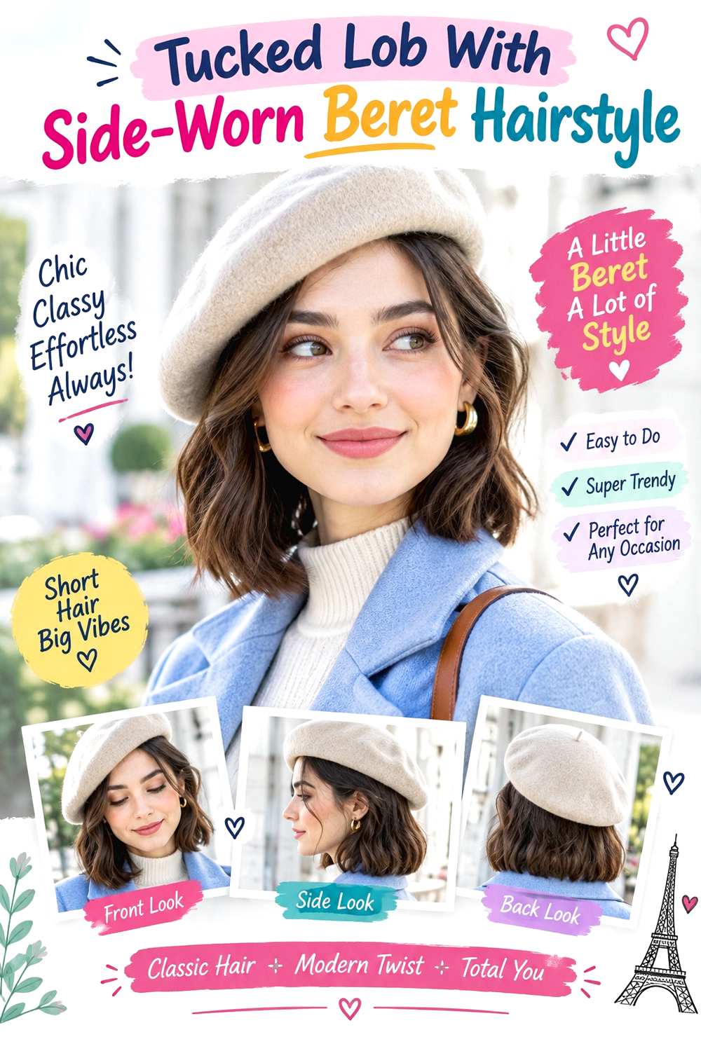 Tucked Lob With Side-Worn Beret Hairstyle