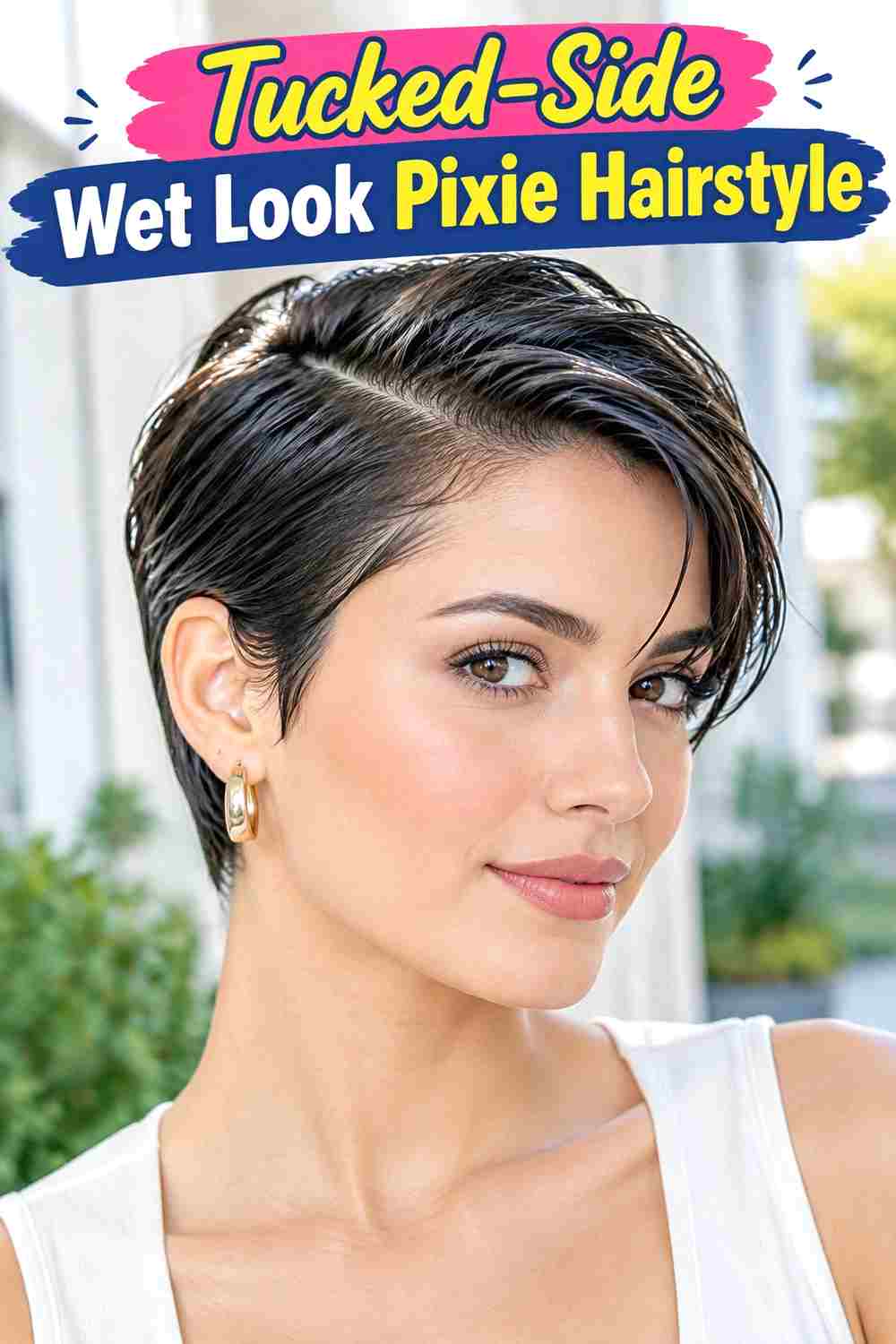 Tucked-Side Wet Look Pixie Hairstyle