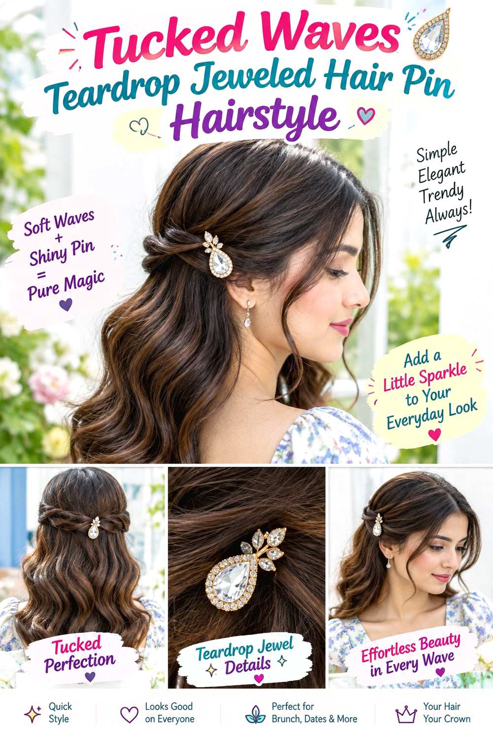 Tucked Waves Teardrop Jeweled Hair Pin Hairstyle