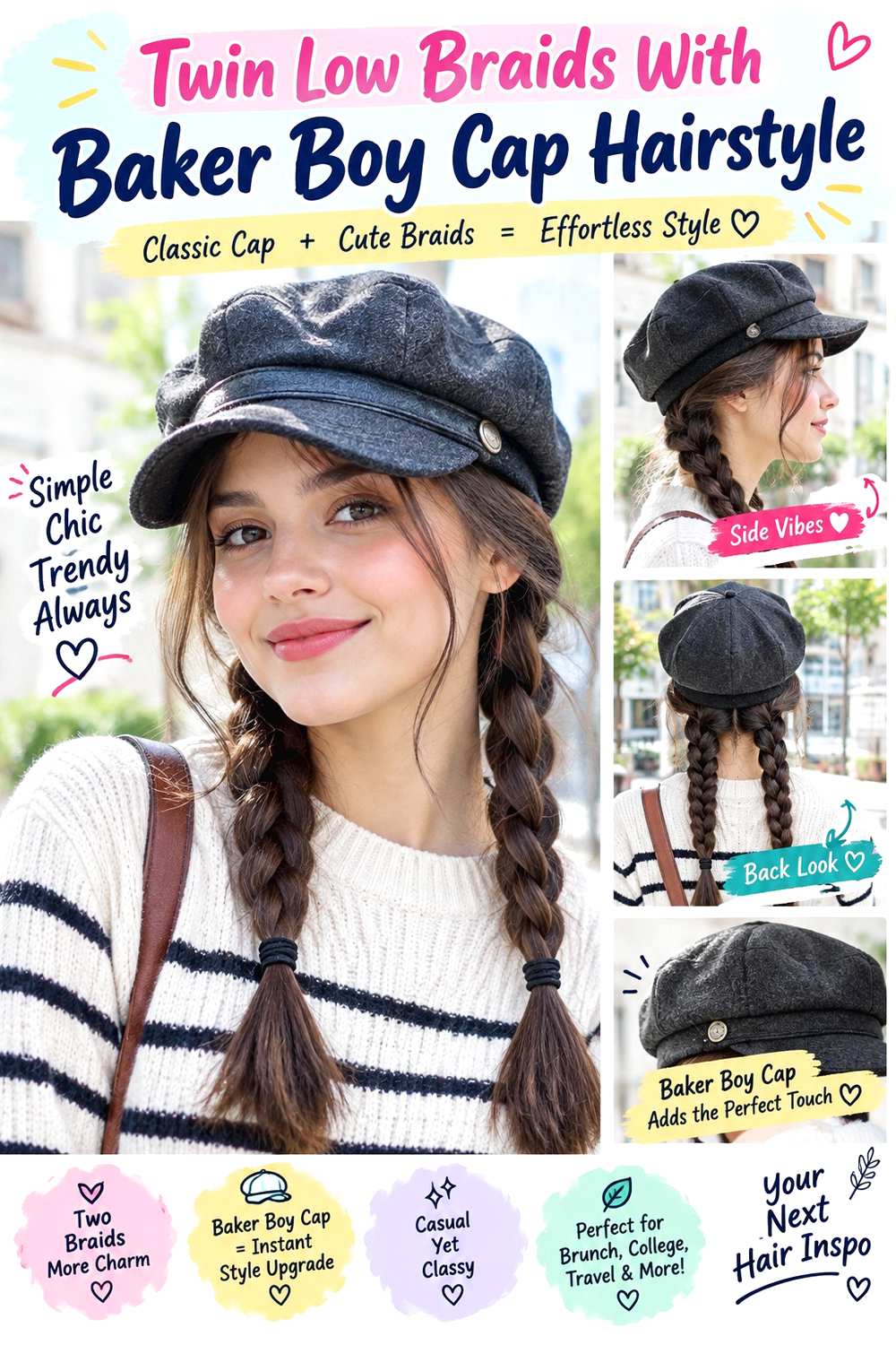 Twin Low Braids With Baker Boy Cap Hairstyle
