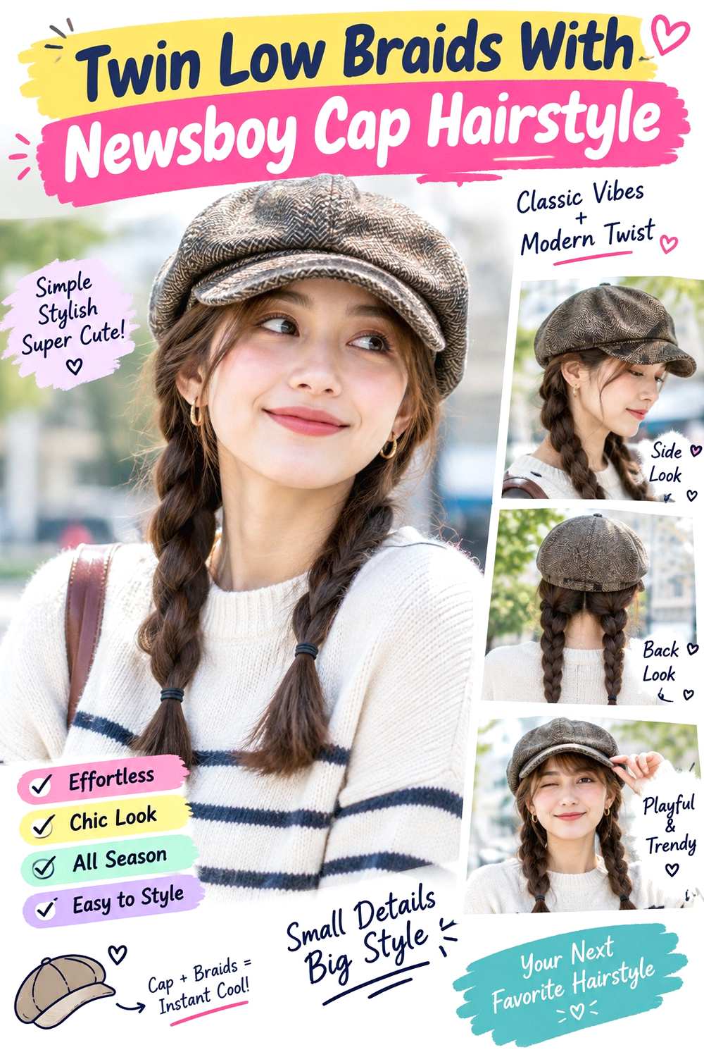 Twin Low Braids With Newsboy Cap Hairstyle