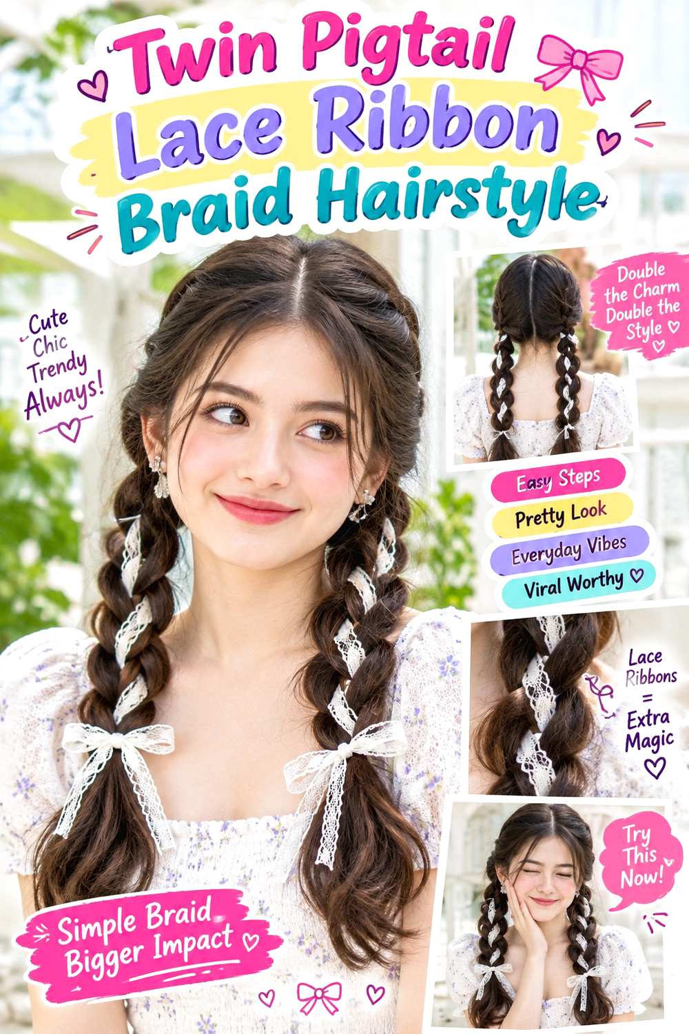 Twin Pigtail Lace Ribbon Braid Hairstyle