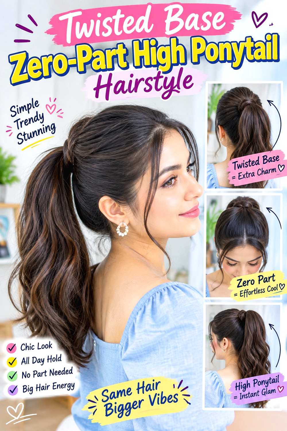 Twisted Base Zero-Part High Ponytail Hairstyle