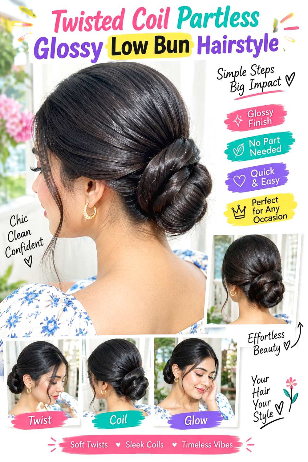 Twisted Coil Partless Glossy Low Bun Hairstyle