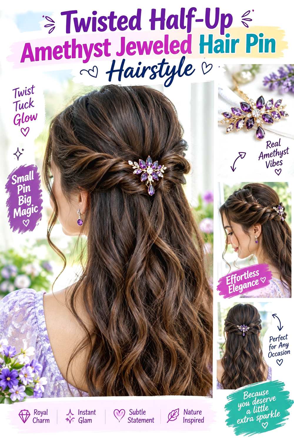 Twisted Half-Up Amethyst Jeweled Hair Pin Hairstyle