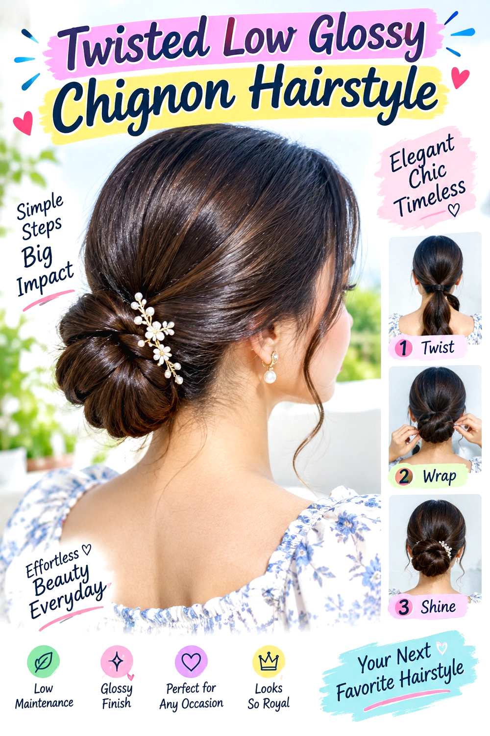 Twisted Low Glossy Chignon Hairstyle