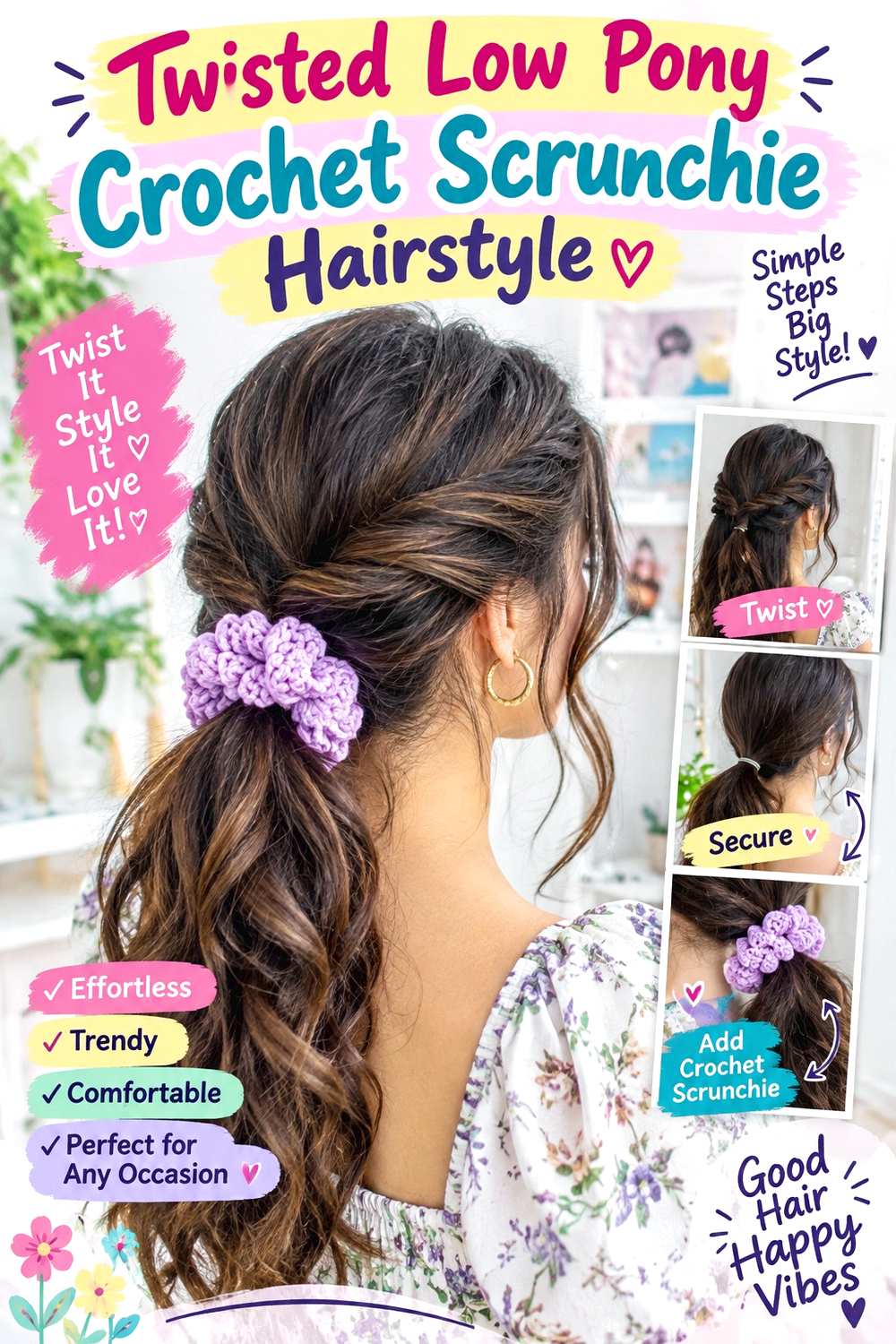 Twisted Low Pony Crochet Scrunchie Hairstyle