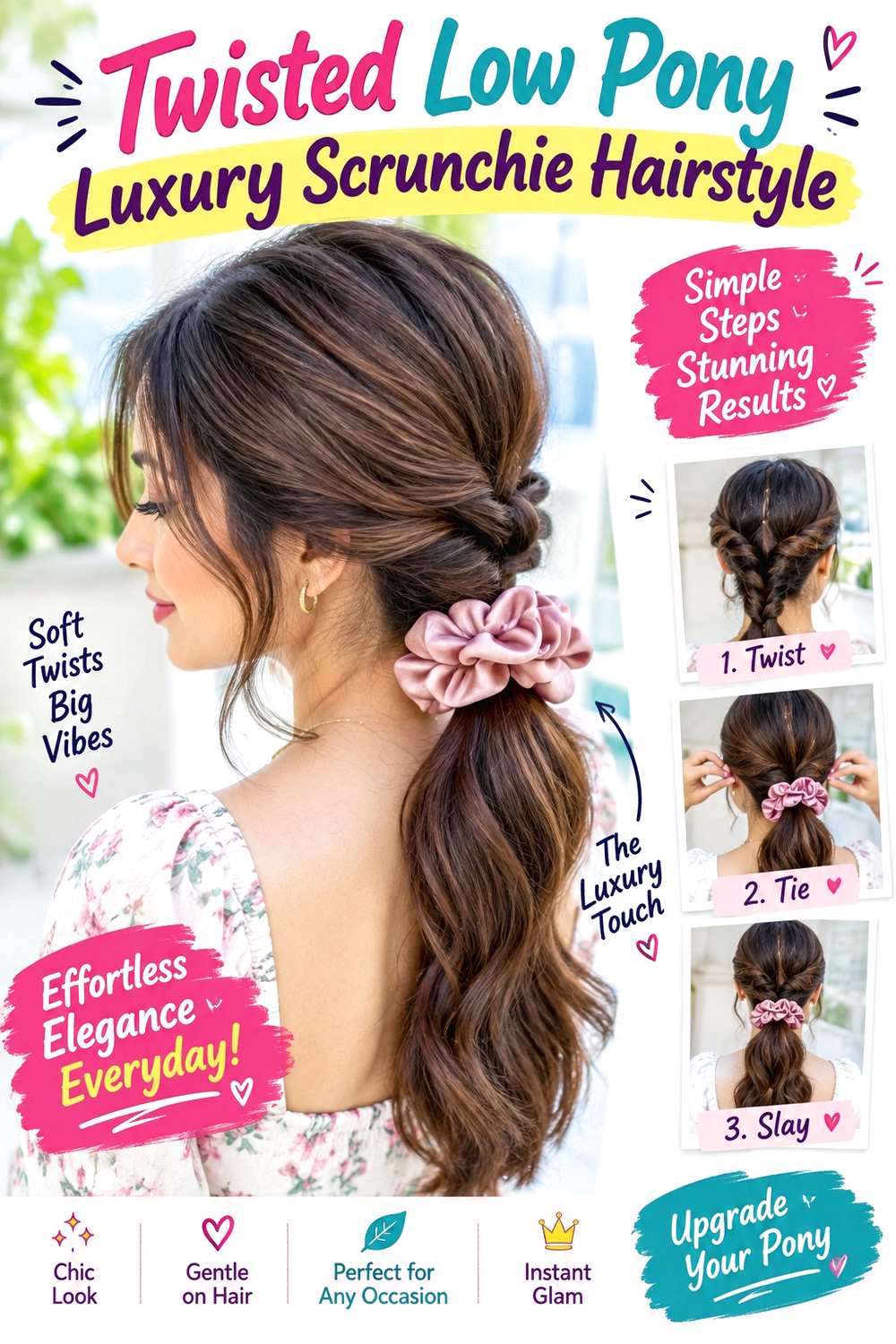 Twisted Low Pony Luxury Scrunchie Hairstyle