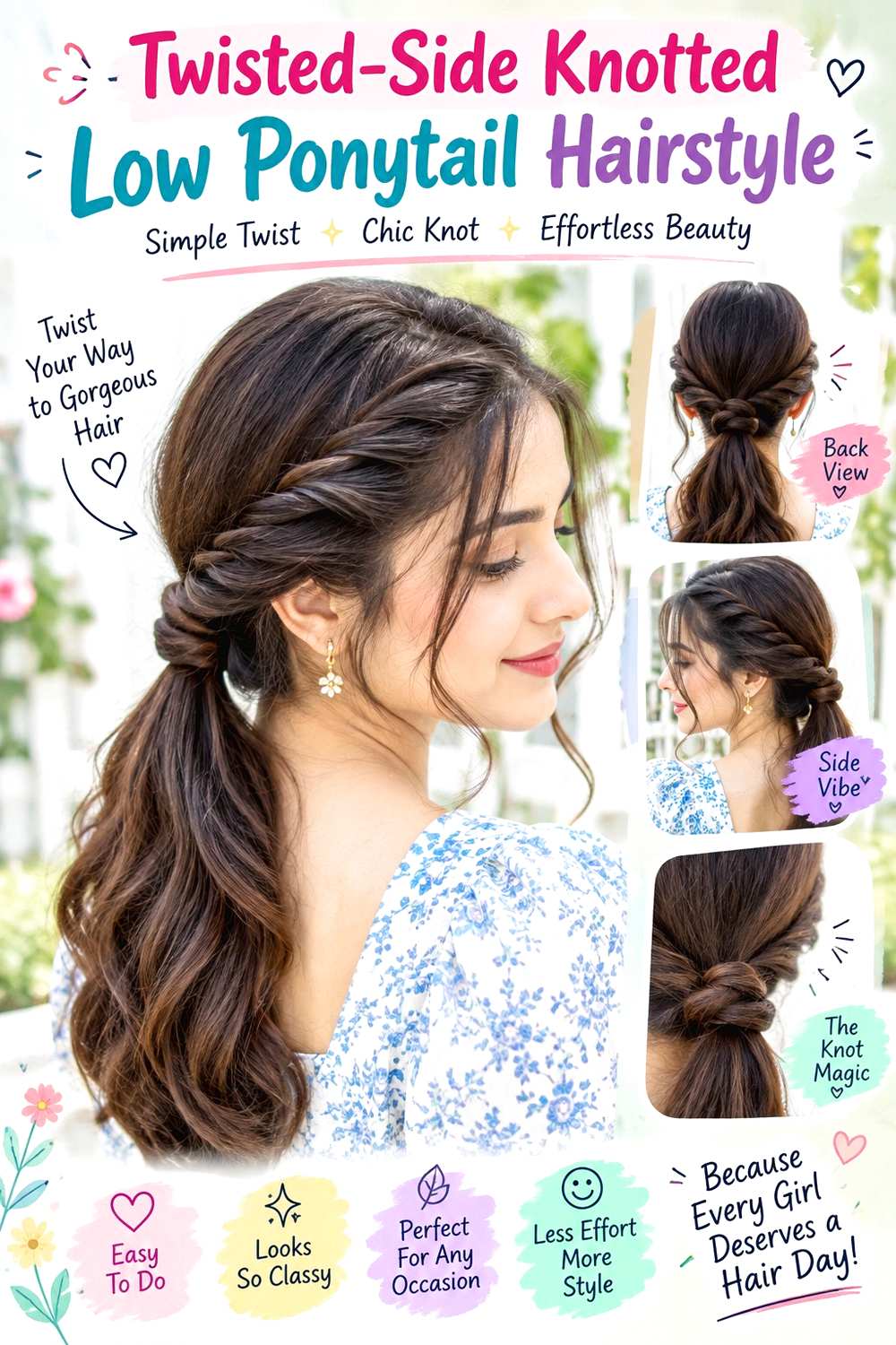 Twisted-Side Knotted Low Ponytail Hairstyle