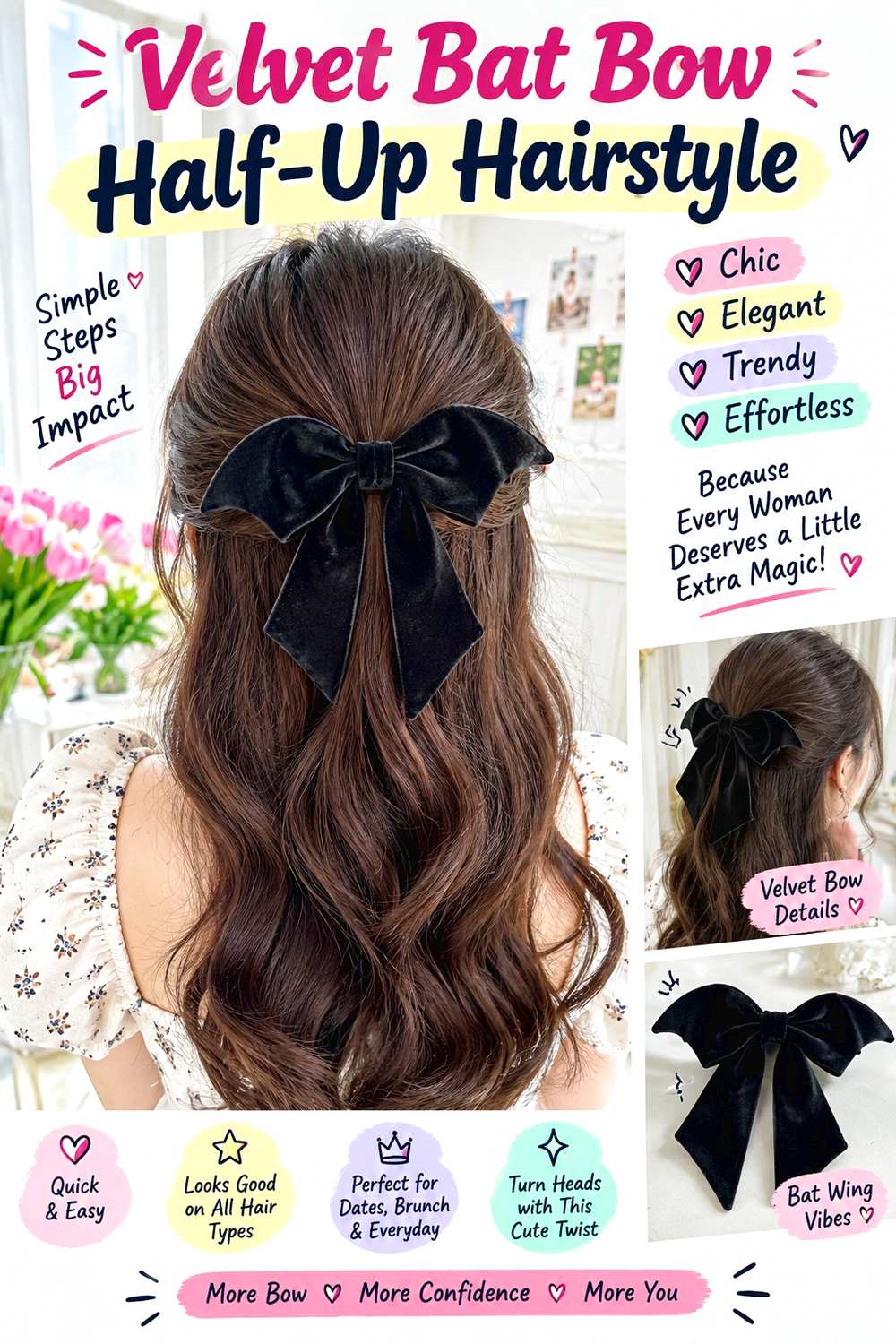 Velvet Bat Bow Half-Up Hairstyle