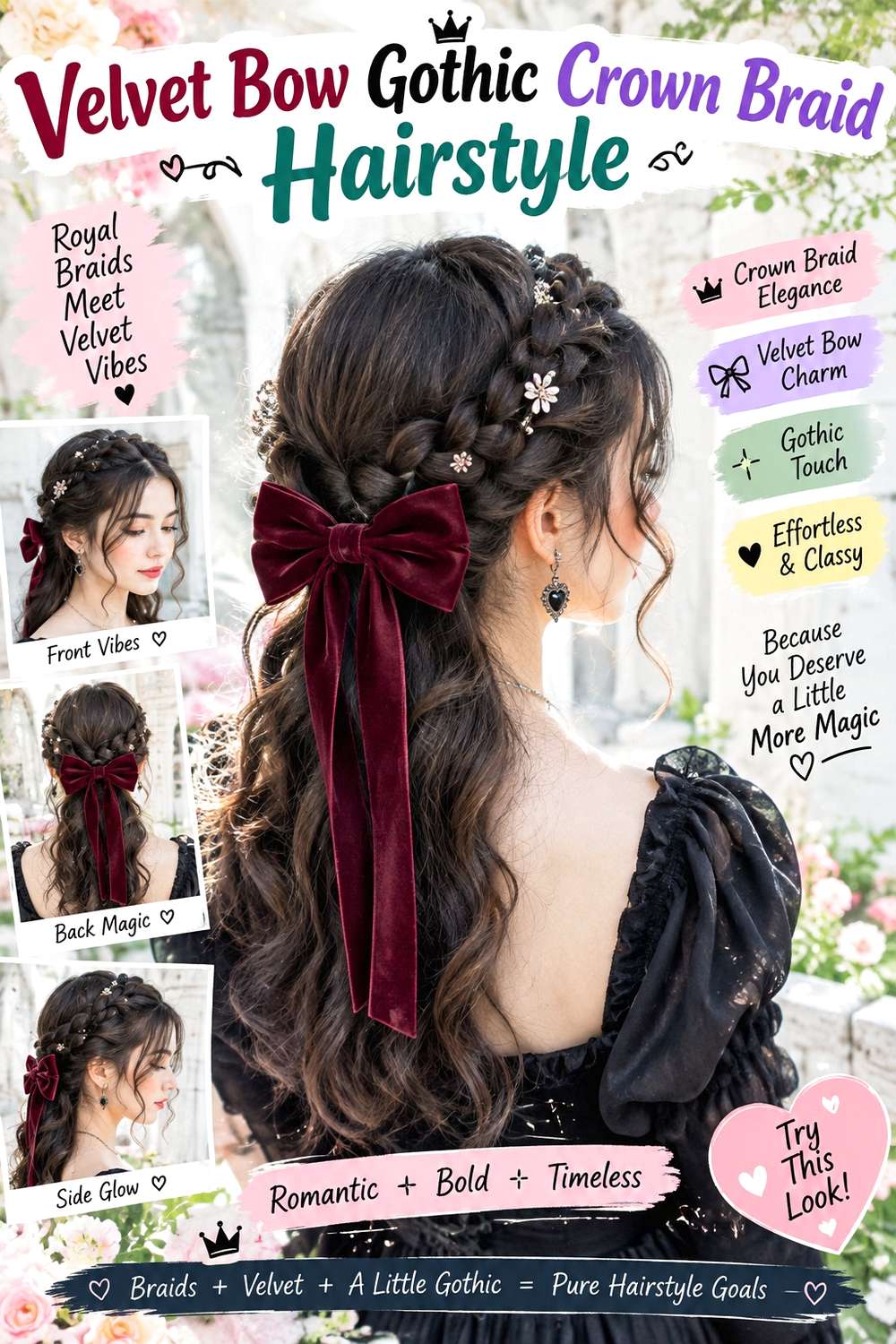 Velvet Bow Gothic Crown Braid Hairstyle