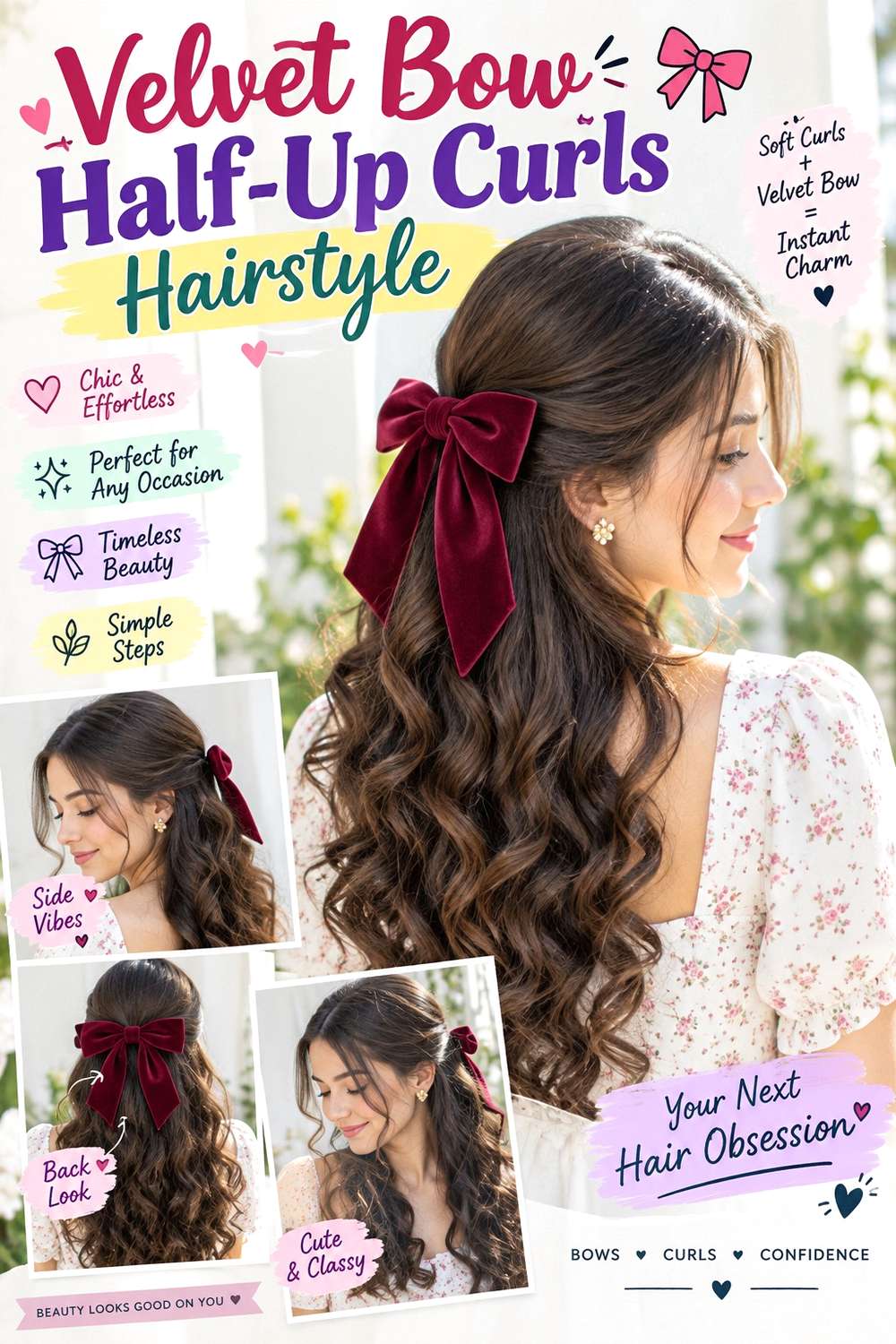 Velvet Bow Half-Up Curls Hairstyle ()