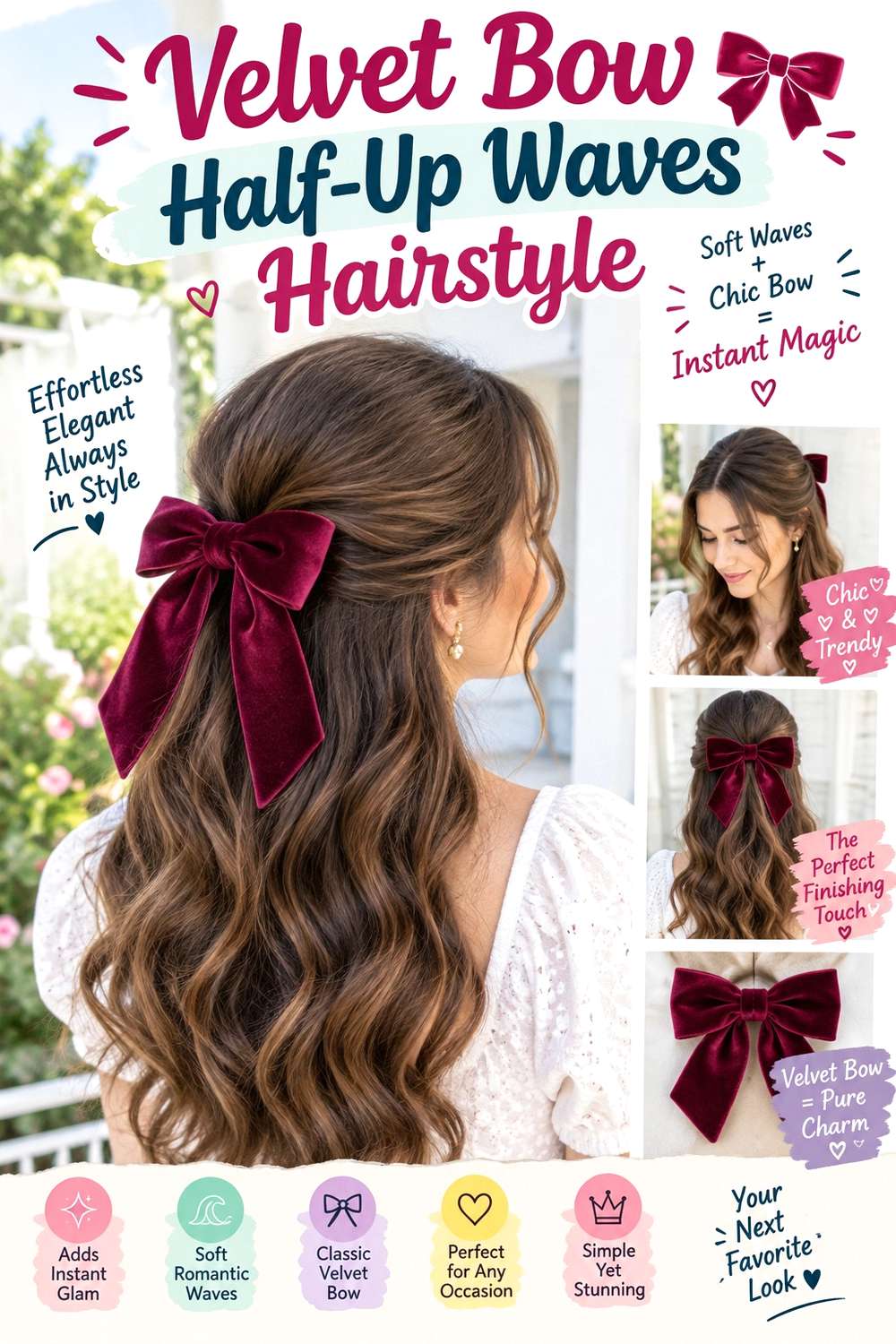 Velvet Bow Half-Up Waves Hairstyle ()