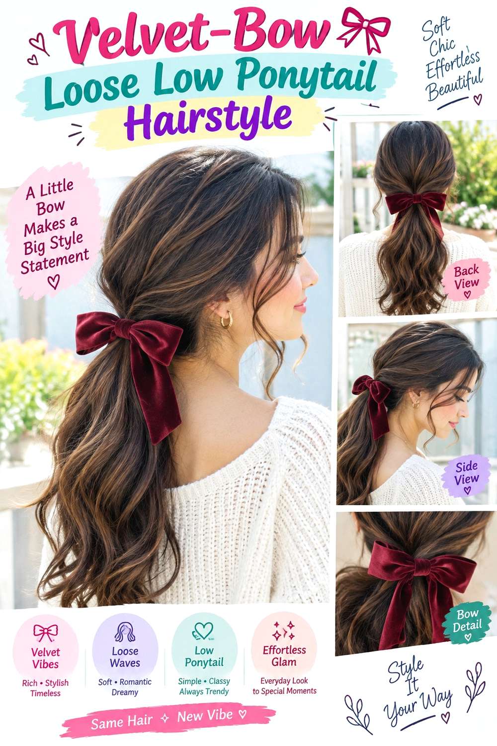 Velvet-Bow Loose Low Ponytail Hairstyle