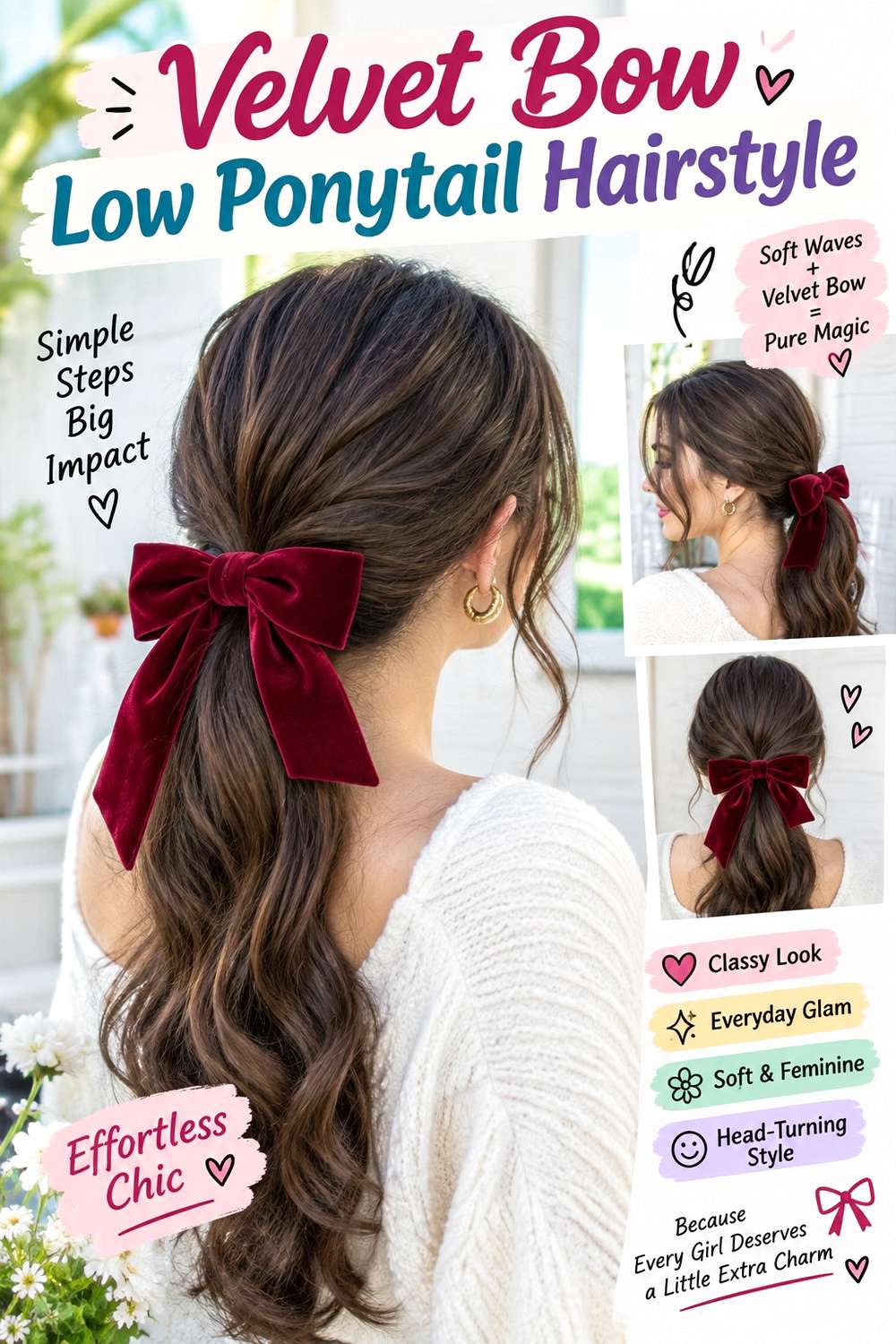Velvet Bow Low Ponytail Hairstyle