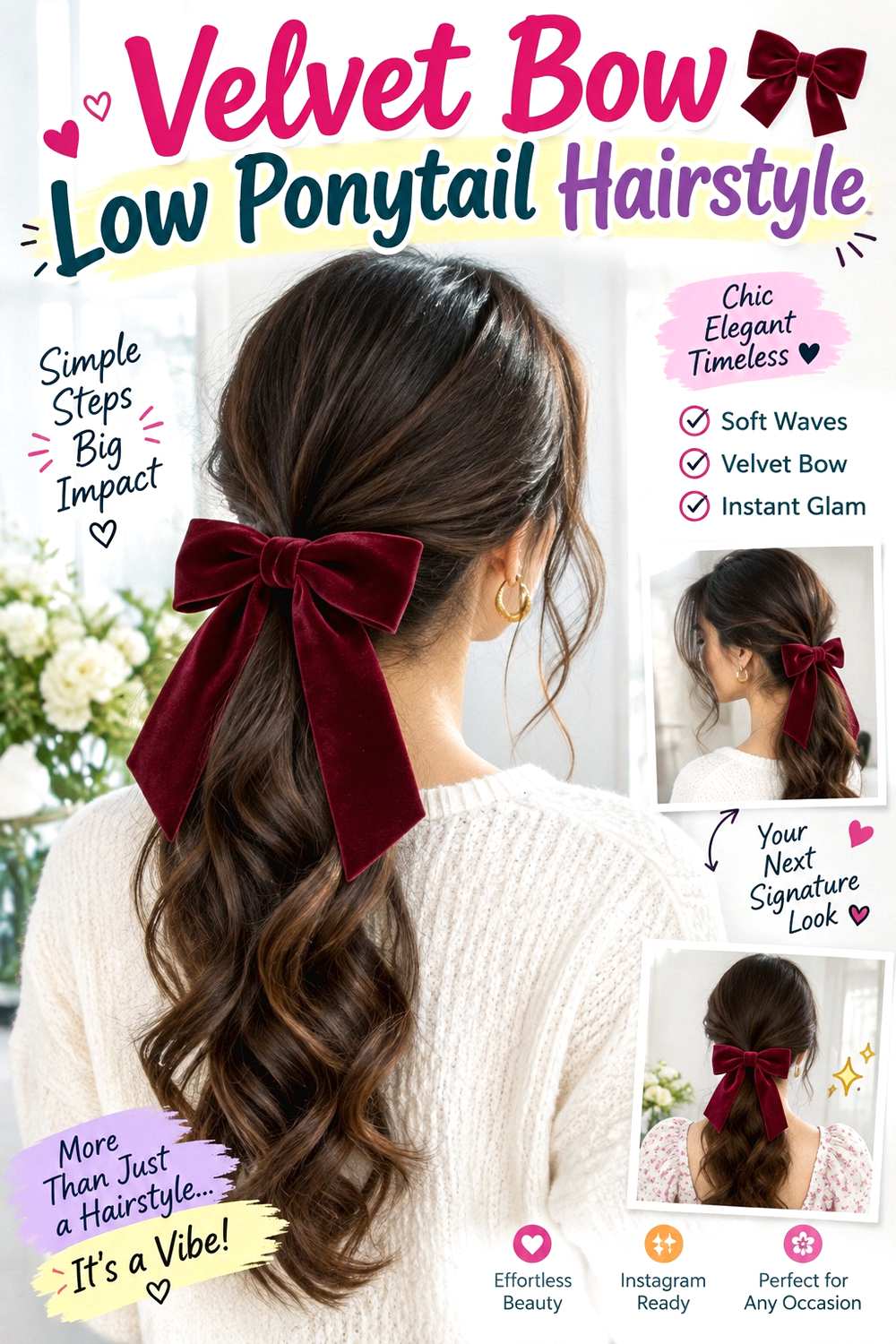 Velvet Bow Low Ponytail Hairstyle