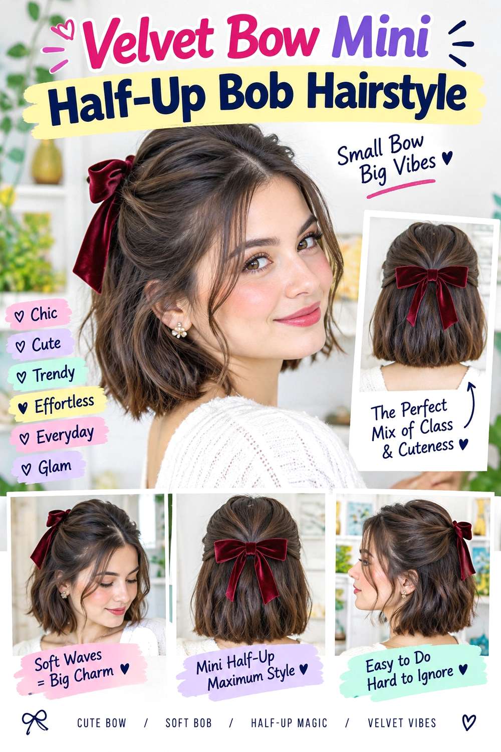 Velvet Bow Mini Half-Up Bob Hairstyle