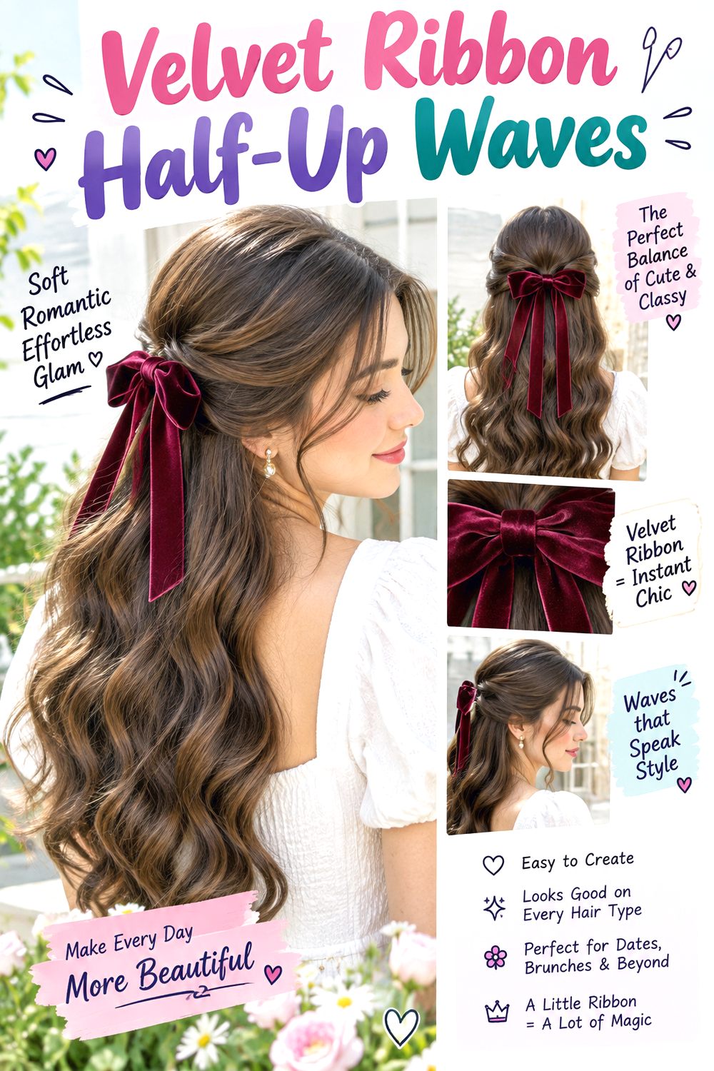 Velvet Ribbon Half-Up Waves Hairstyle
